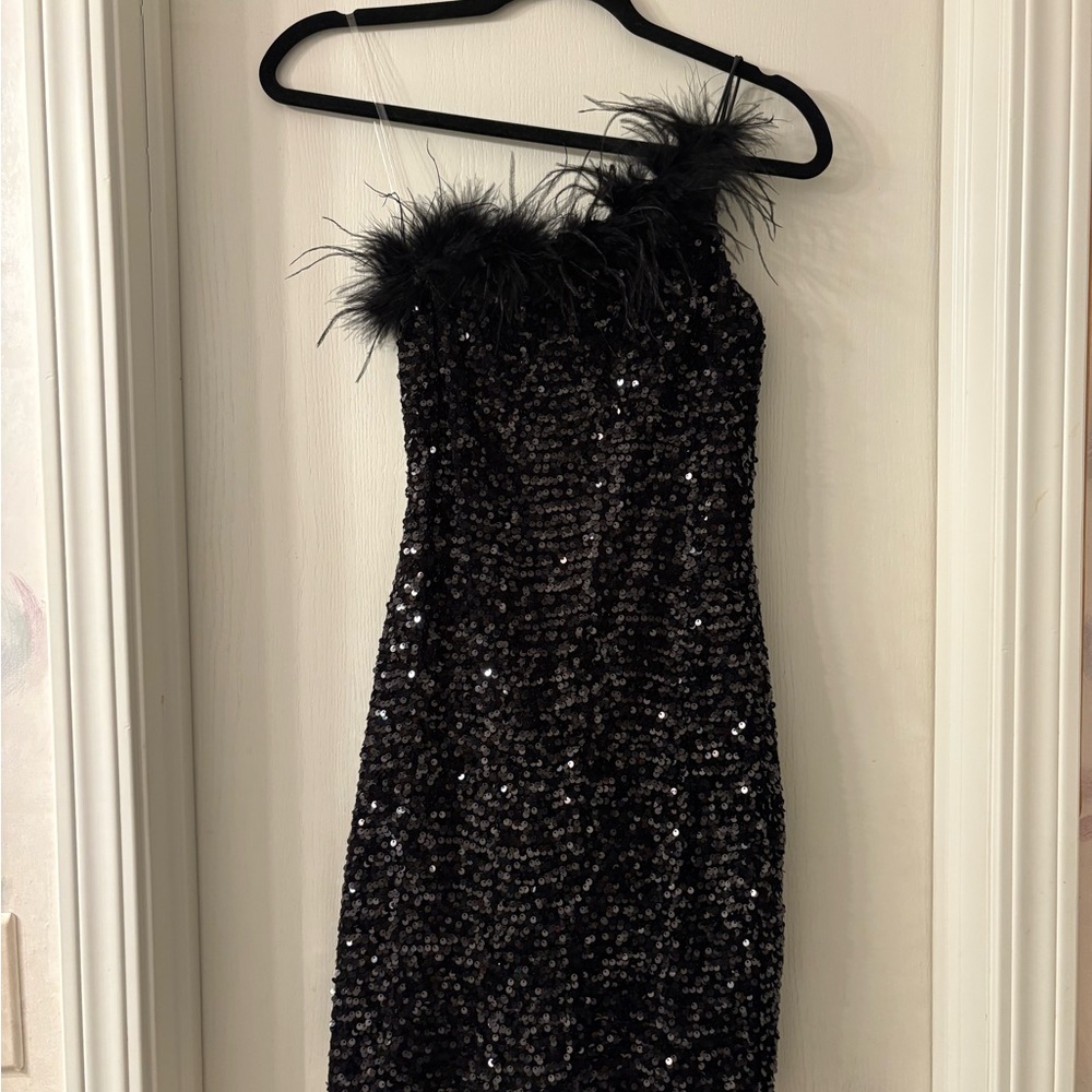 Glamorous Black Sequin One Shoulder Dress with Feather Detail